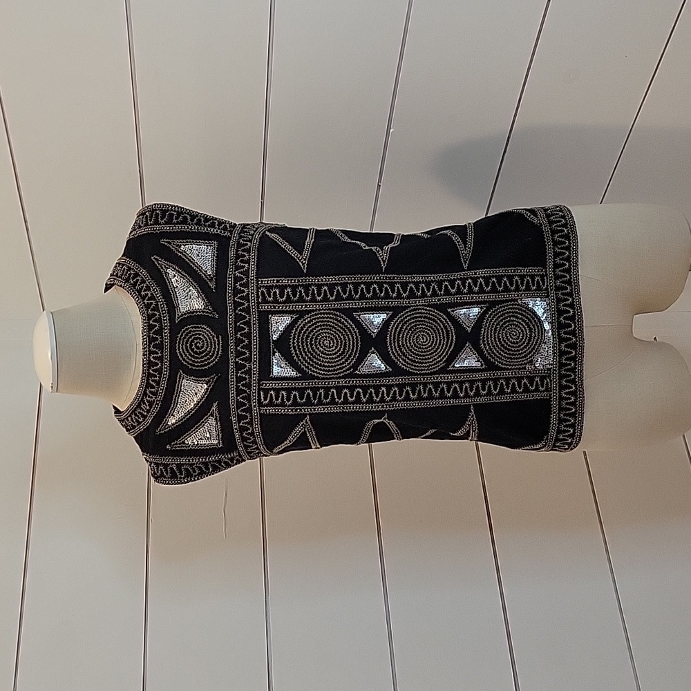 FRENCH CONNECTION size 12 black top with gold threading and silver sequins